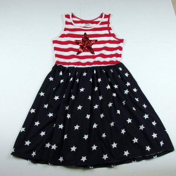 4TH JULY AMERICAN FLAG TANK DRESS CHILDRENS PLACE SZ LG FLIP FLOP SEQUIN STAR - Picture 1 of 11